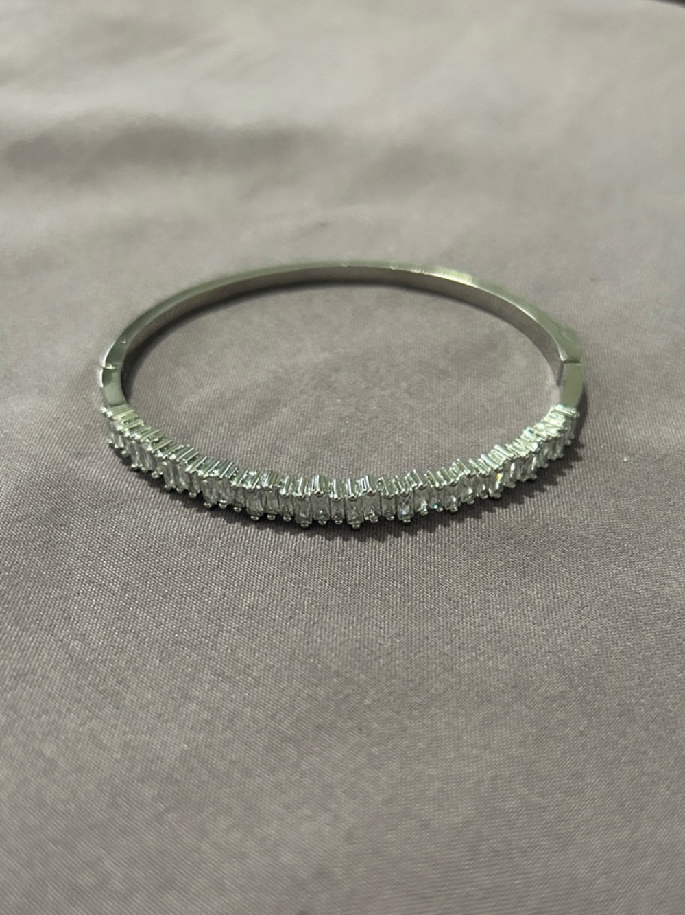 Sterling Silver, Baguette Style Crystal Pavé Bangle Bracelet - Silver